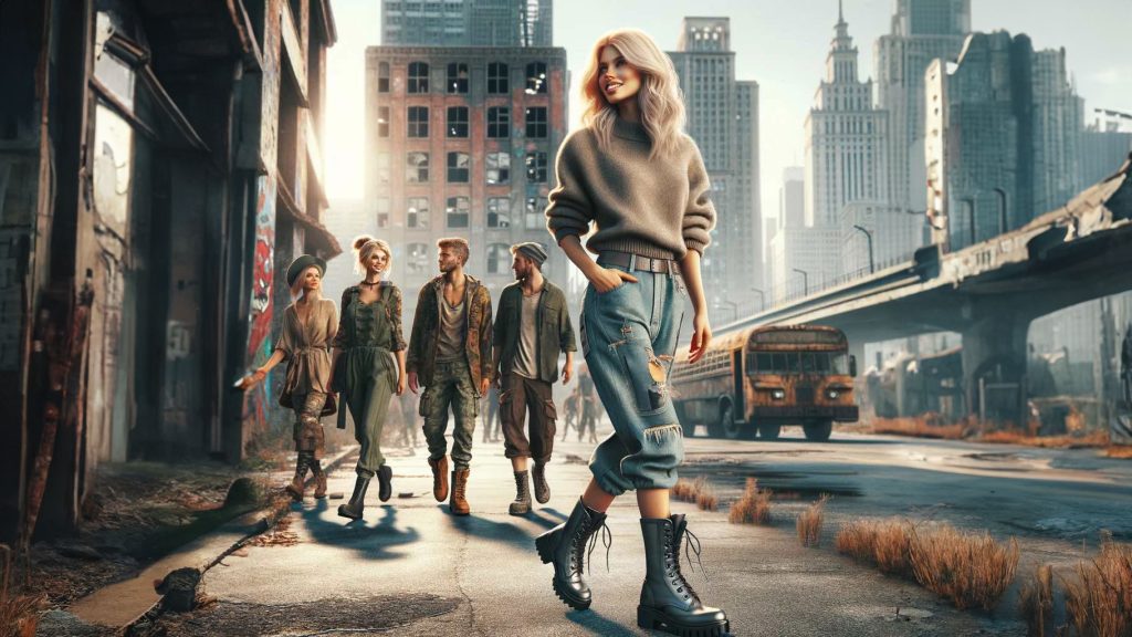 a stylish woman wearing combat boots, walking in front of 4 other people wearing combat boots