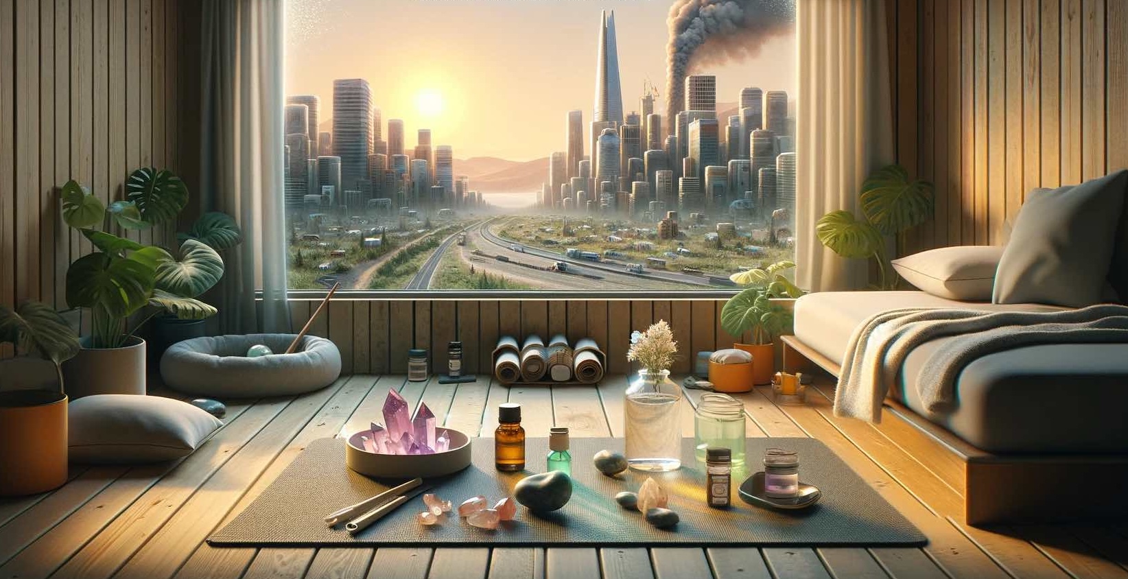 various crystals and tinctures on the floor of a minimalist room with a large window