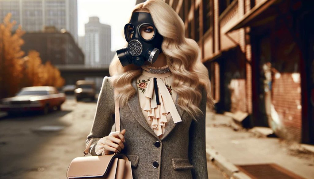 a stylish woman wearing a gas mask