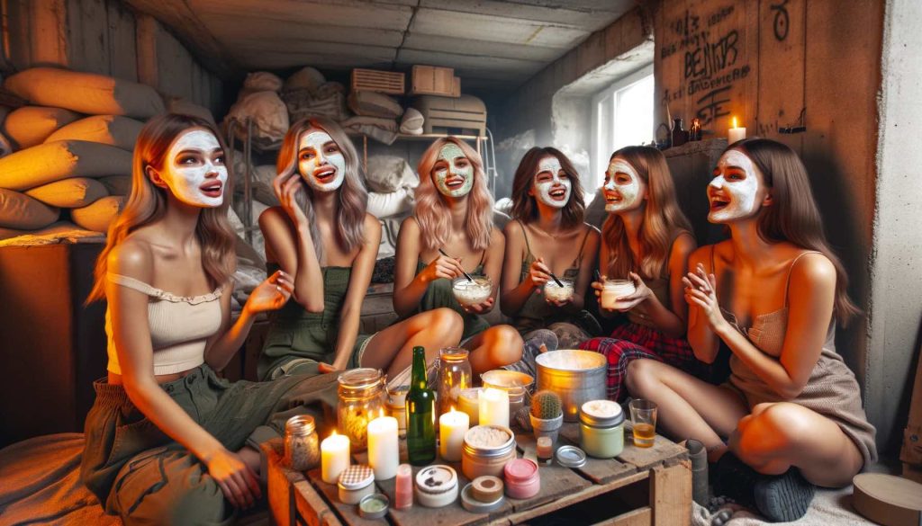 a group of women applying face masks in a bunker