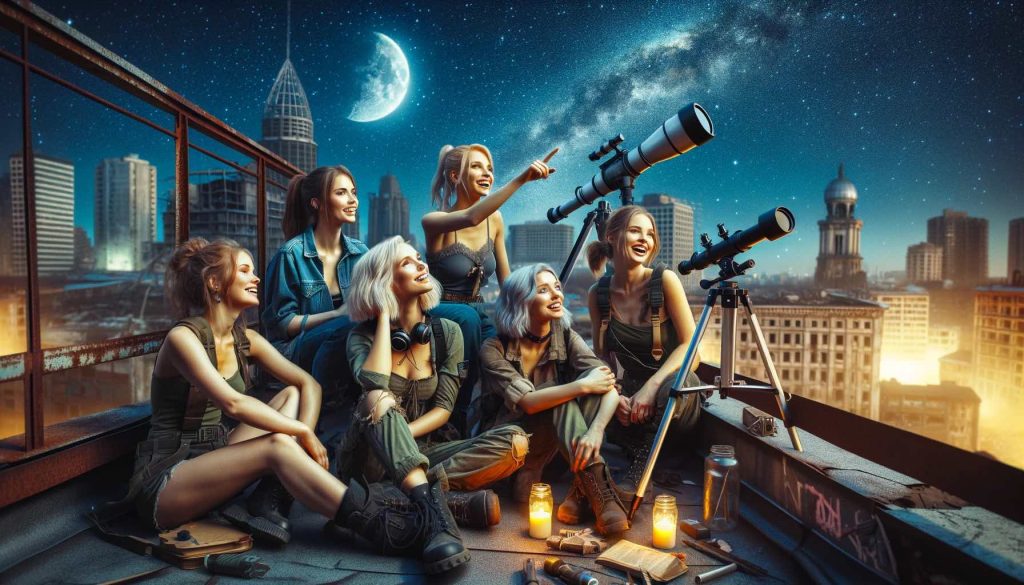 a group of women stargazing on a rooftop