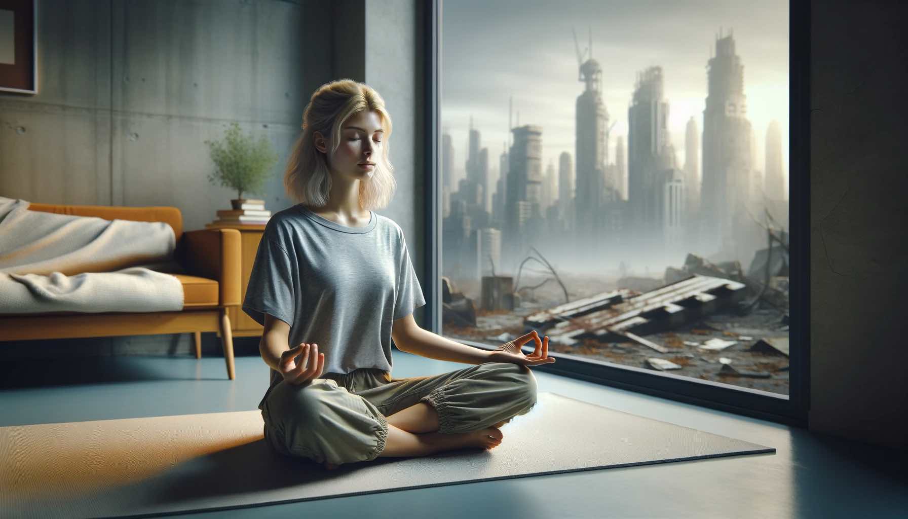 a woman meditating beside a large window