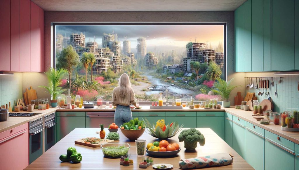 a woman standing in a modern kitchen with a large window, surrounded by fruits and vegetables