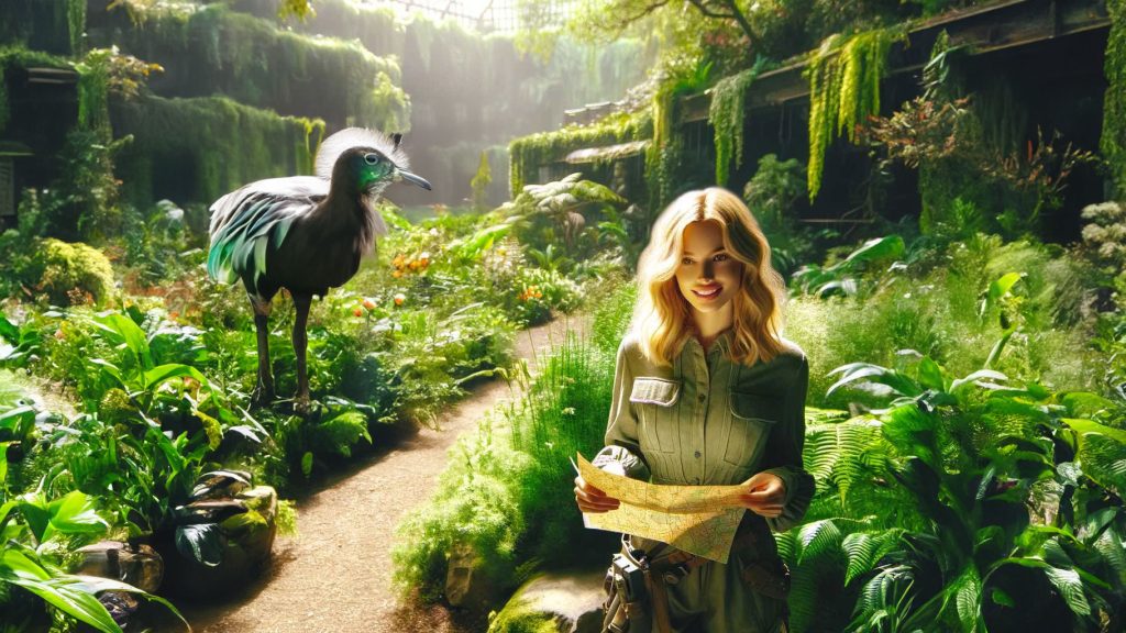 a woman in a lush overgrown botanical garden, with a large bird