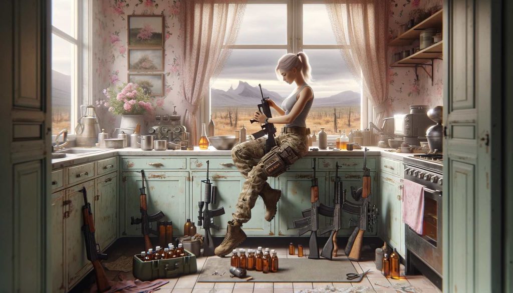 a woman in a rustic kitchen, cleaning an absurd amount of weapons