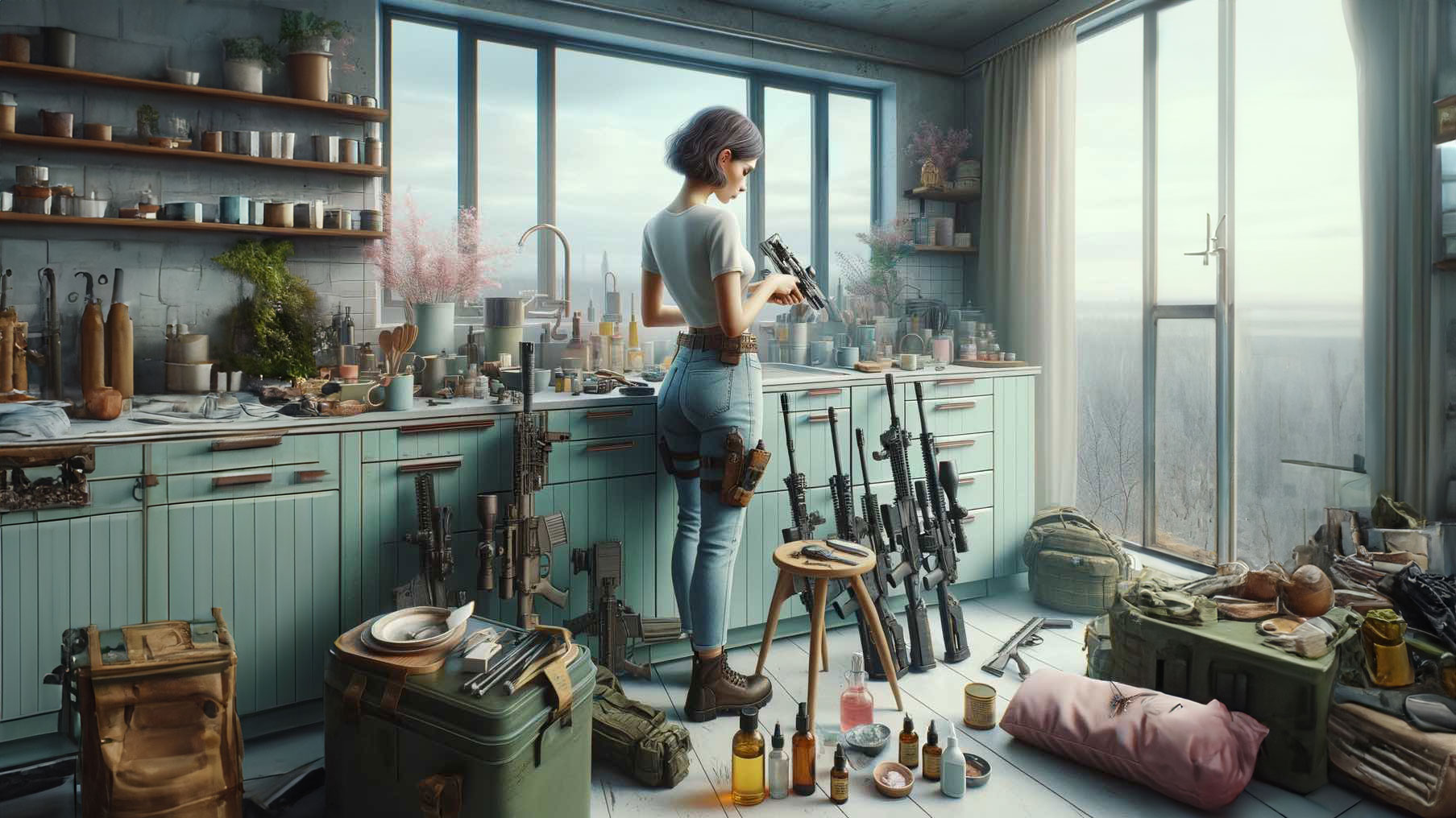 a woman in a rustic kitchen, cleaning an absurd amount of weapons